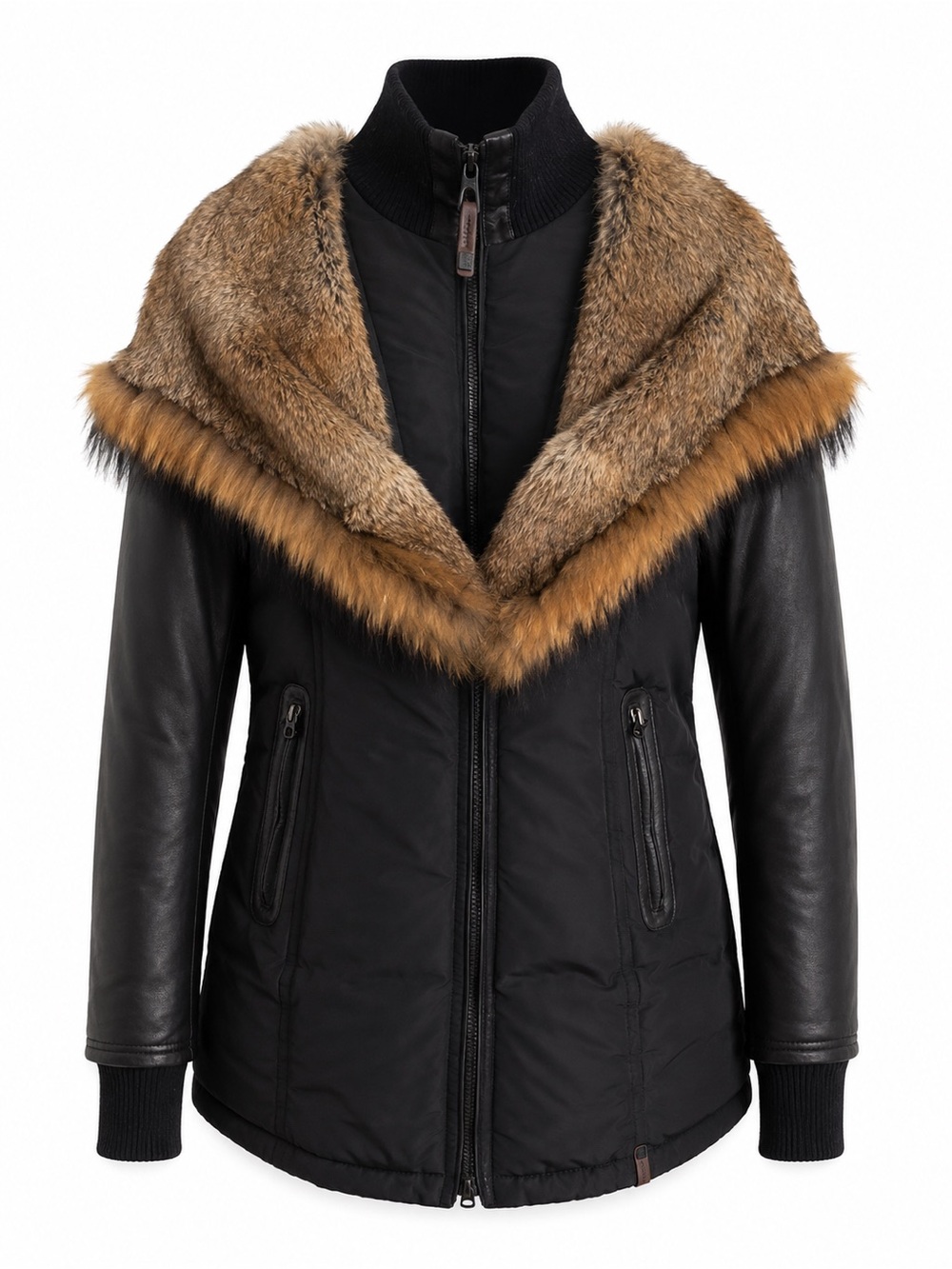 Rudsak Black Down Puffer Winter Jacket Genuine Leather Sleeves & Real Fur size M